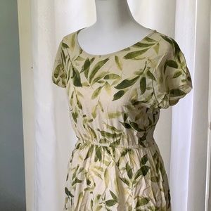 Botanical Print Green and Cream Linen Dress XS